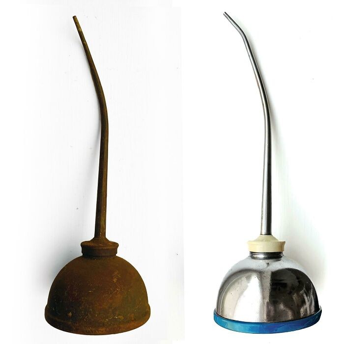 32. "Спасенная масленка (до и после), изготовленная примерно в 1930-х годах — теперь она стоит на моем рабочем столе и регулярно используется. Должна прослужить еще 90 лет"