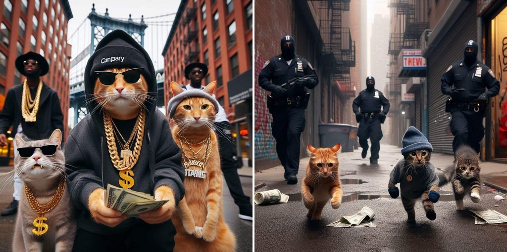 Забавные изображения уличных банд кошек, созданные Искусственным Интеллектом