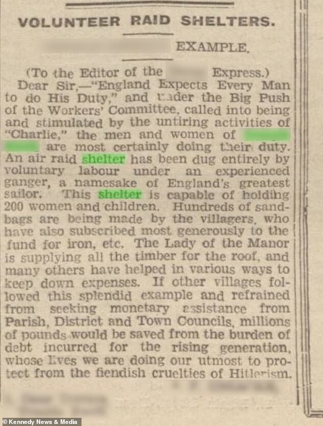 Газетные вырезки свидетельствуют о том, что бомбоубежище было построено добровольцами во время Второй мировой войны, чтобы защитить 200 женщин и детей от «чудовищной жестокости гитлеризма»
