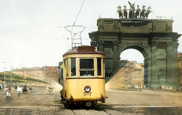 Трамвай-поливалка. Ленинград, 1951 год.